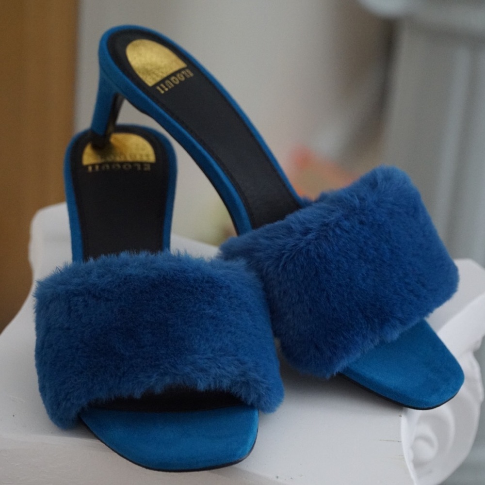 ELOQUII teal blue fur low heel mule slides